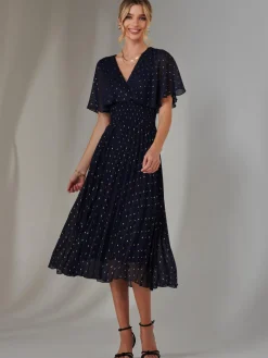 Metallic Spot Chiffon Pleated Dress, Navy