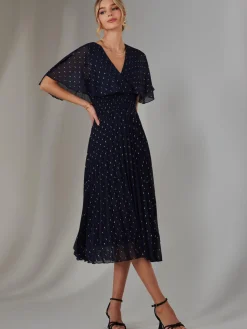 Metallic Spot Chiffon Pleated Dress, Navy