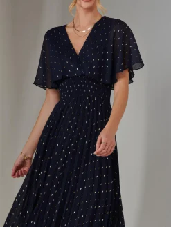 Metallic Spot Chiffon Pleated Dress, Navy