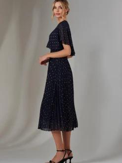 Metallic Spot Chiffon Pleated Dress, Navy