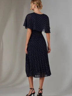 Metallic Spot Chiffon Pleated Dress, Navy