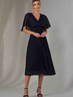 Metallic Spot Chiffon Pleated Dress, Navy