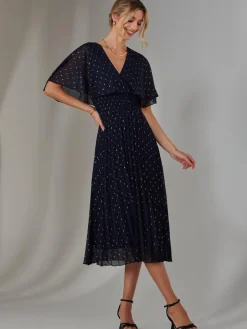 Metallic Spot Chiffon Pleated Dress, Navy