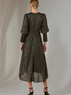 Metallic Spot Print Puffy Sleeve Maxi Dress, Black