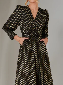 Metallic Spot Print Puffy Sleeve Maxi Dress, Black