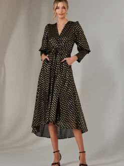 Metallic Spot Print Puffy Sleeve Maxi Dress, Black
