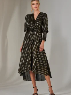 Metallic Spot Print Puffy Sleeve Maxi Dress, Black