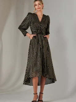 Metallic Spot Print Puffy Sleeve Maxi Dress, Black