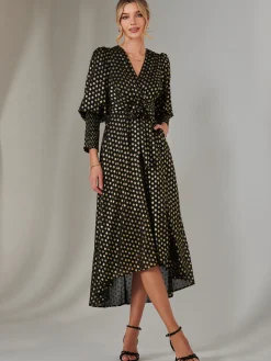 Metallic Spot Print Puffy Sleeve Maxi Dress, Black