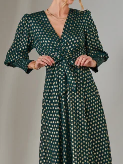 Metallic Spot Print Puffy Sleeve Maxi Dress, Dark Green