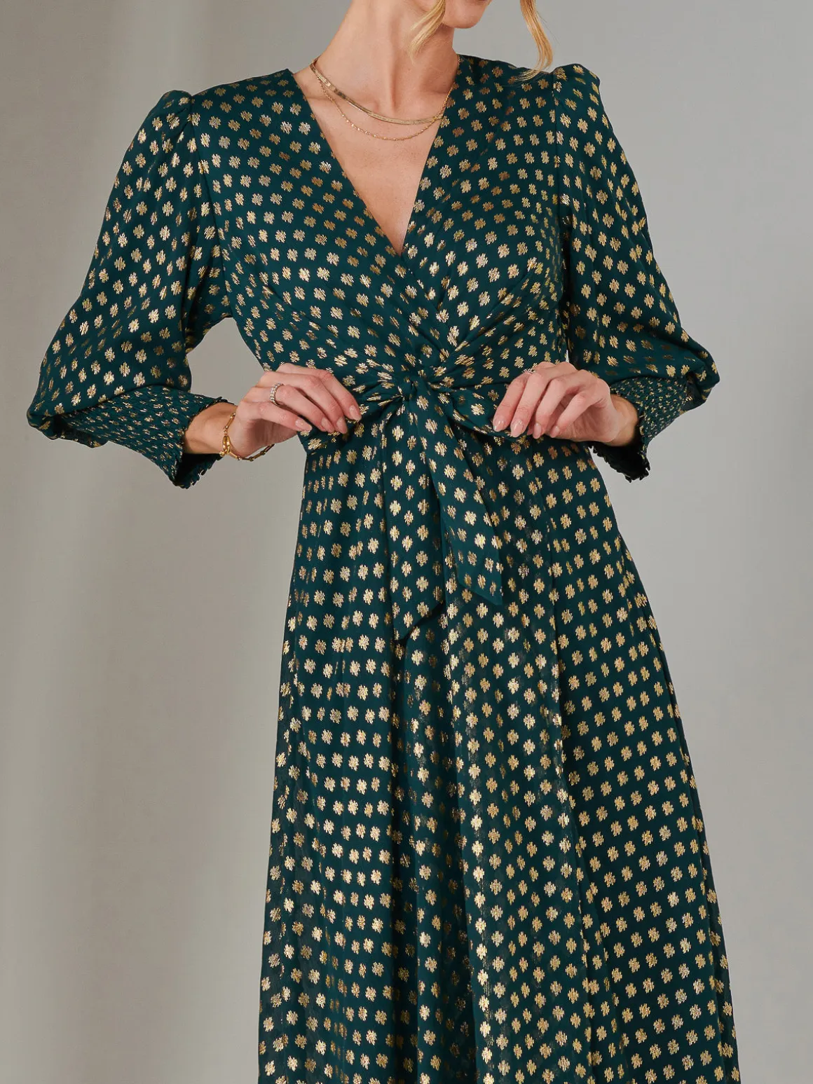 Metallic Spot Print Puffy Sleeve Maxi Dress, Dark Green