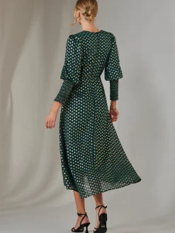 Metallic Spot Print Puffy Sleeve Maxi Dress, Dark Green