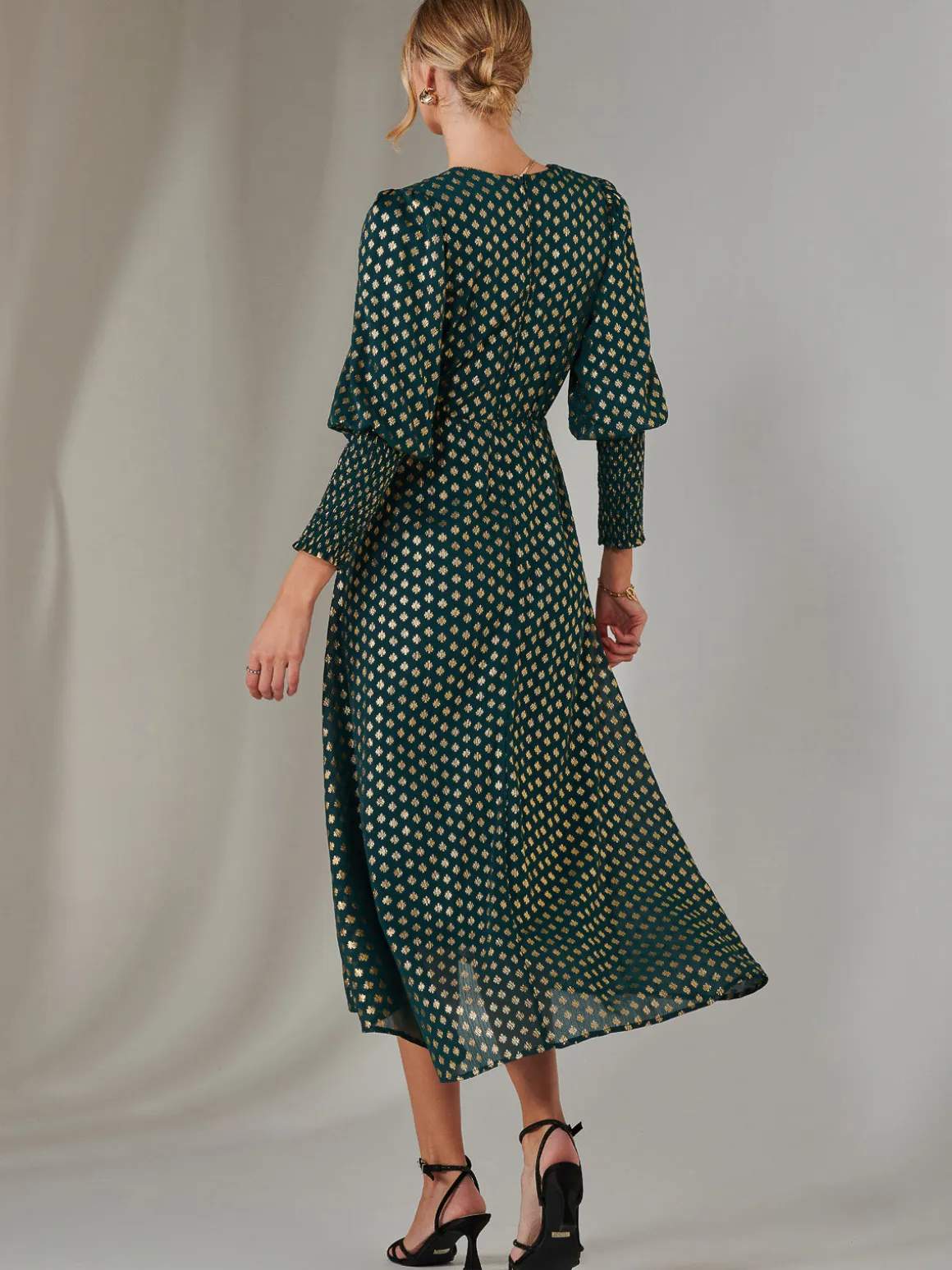 Metallic Spot Print Puffy Sleeve Maxi Dress, Dark Green