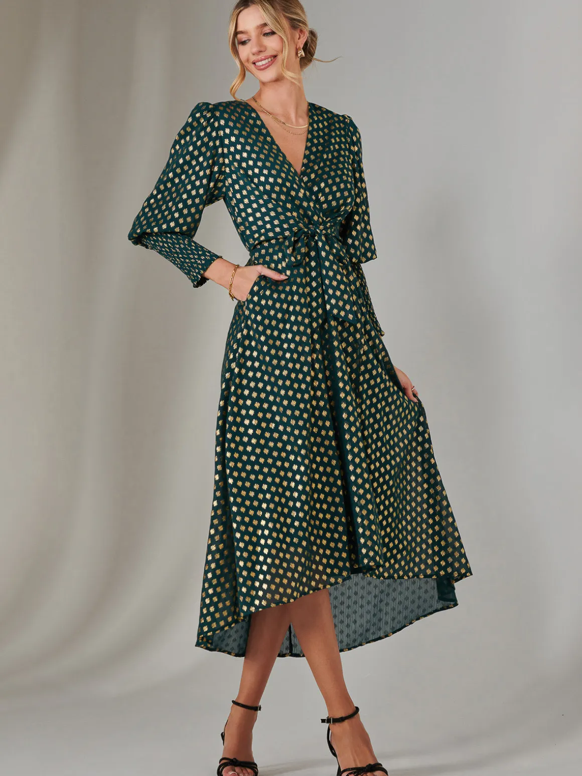 Metallic Spot Print Puffy Sleeve Maxi Dress, Dark Green