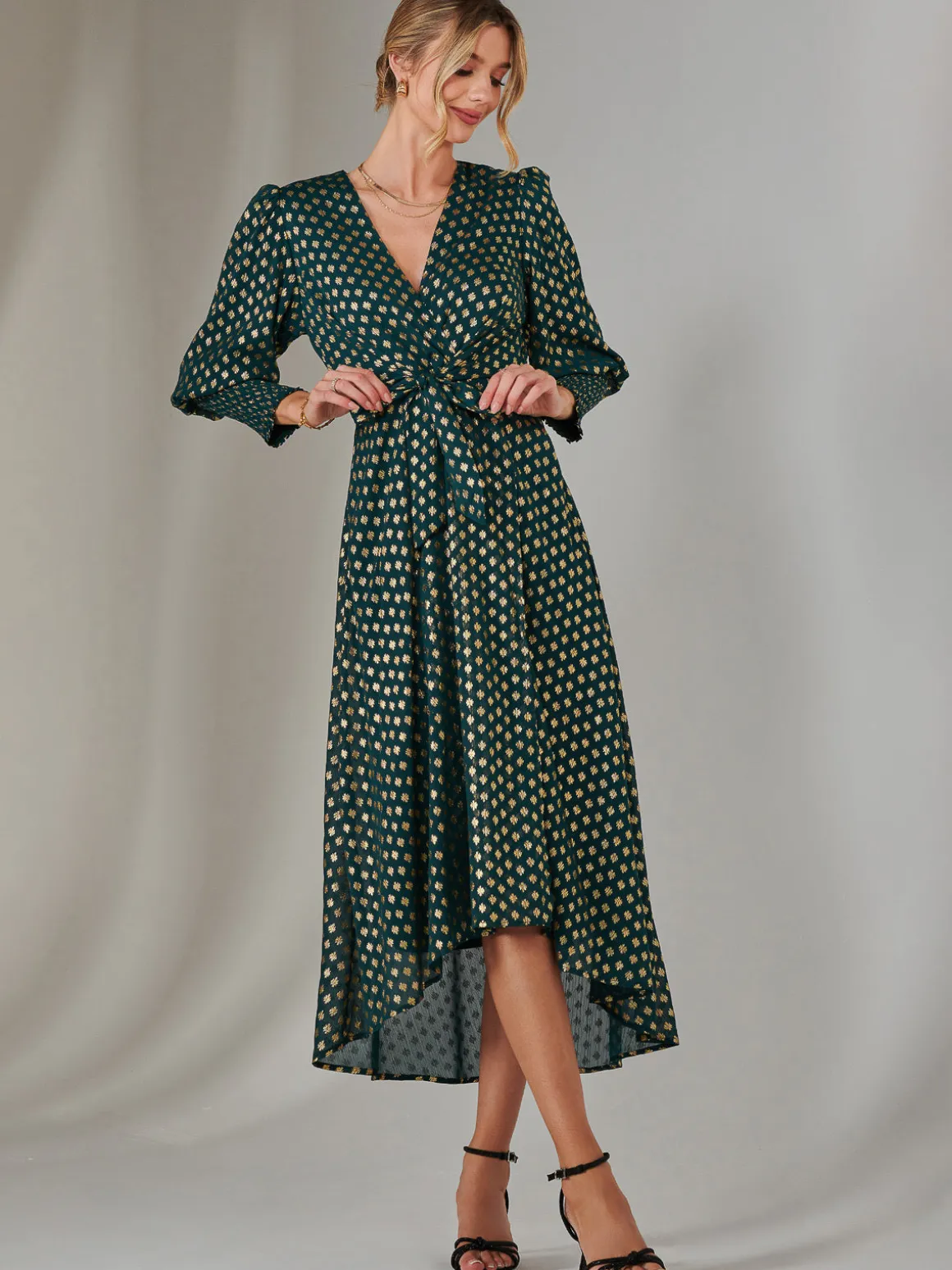 Metallic Spot Print Puffy Sleeve Maxi Dress, Dark Green