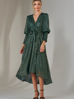 Metallic Spot Print Puffy Sleeve Maxi Dress, Dark Green