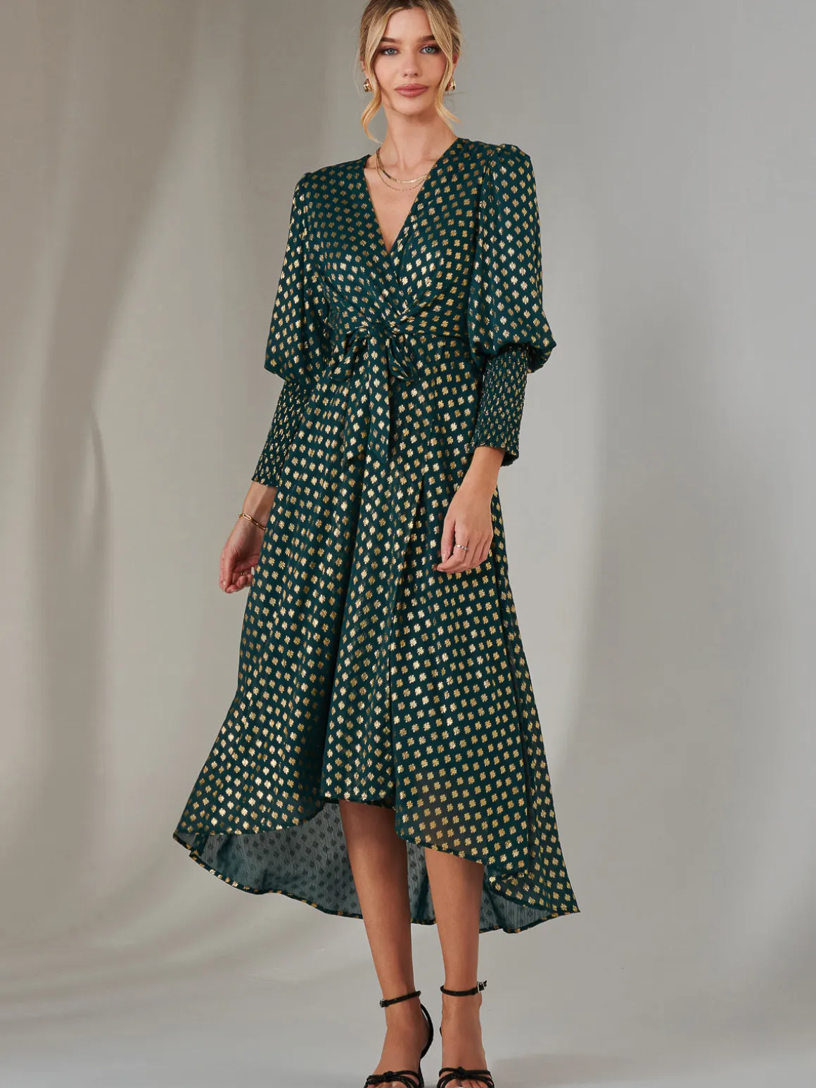 Metallic Spot Print Puffy Sleeve Maxi Dress, Dark Green