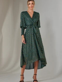 Metallic Spot Print Puffy Sleeve Maxi Dress, Dark Green