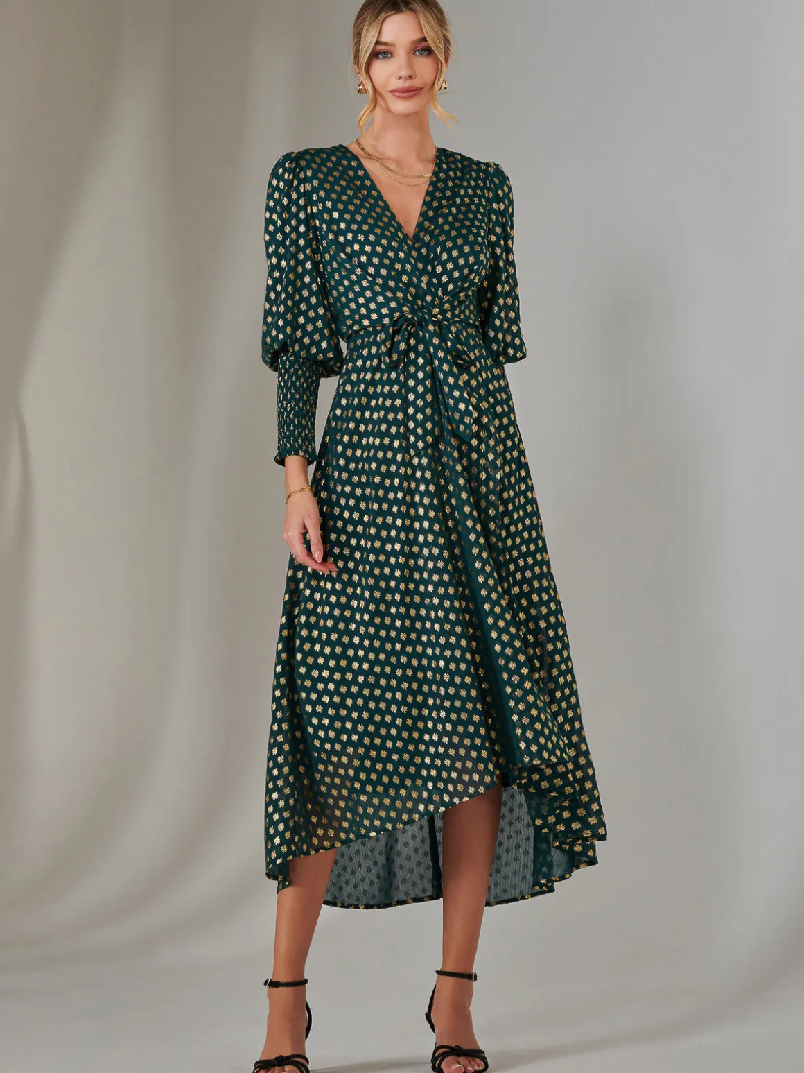 Metallic Spot Print Puffy Sleeve Maxi Dress, Dark Green