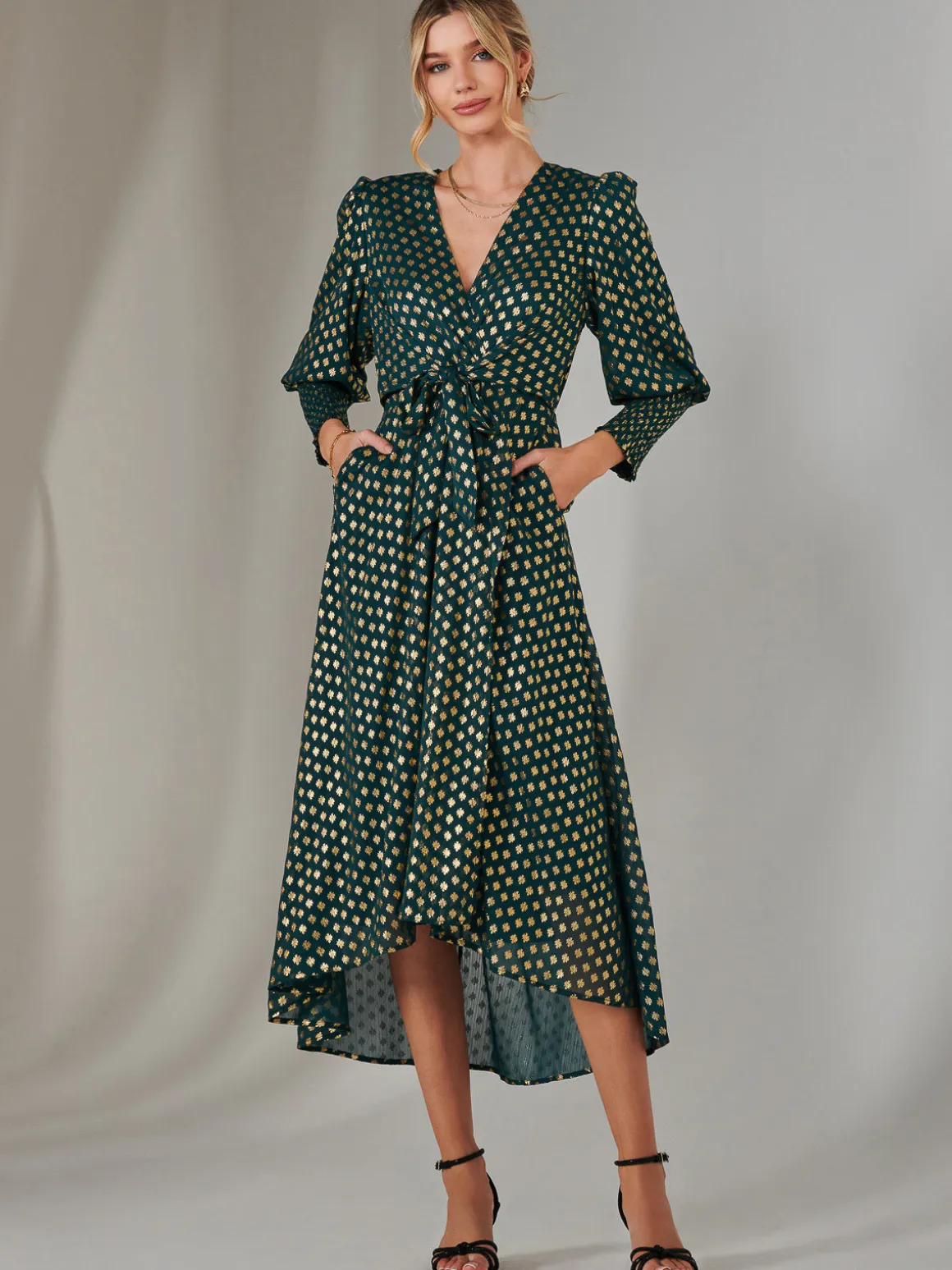 Metallic Spot Print Puffy Sleeve Maxi Dress, Dark Green