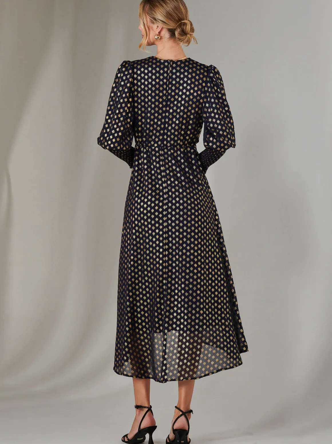 Metallic Spot Print Puffy Sleeve Maxi Dress, Navy