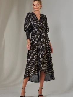 Metallic Spot Print Puffy Sleeve Maxi Dress, Navy
