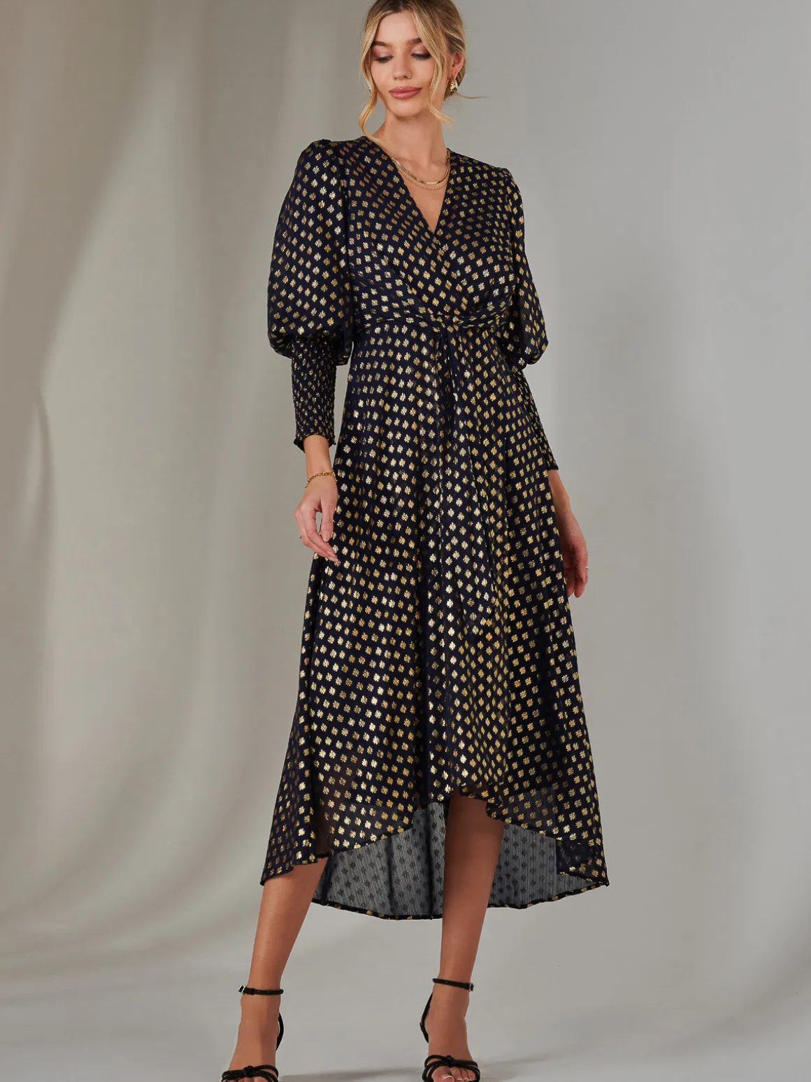 Metallic Spot Print Puffy Sleeve Maxi Dress, Navy