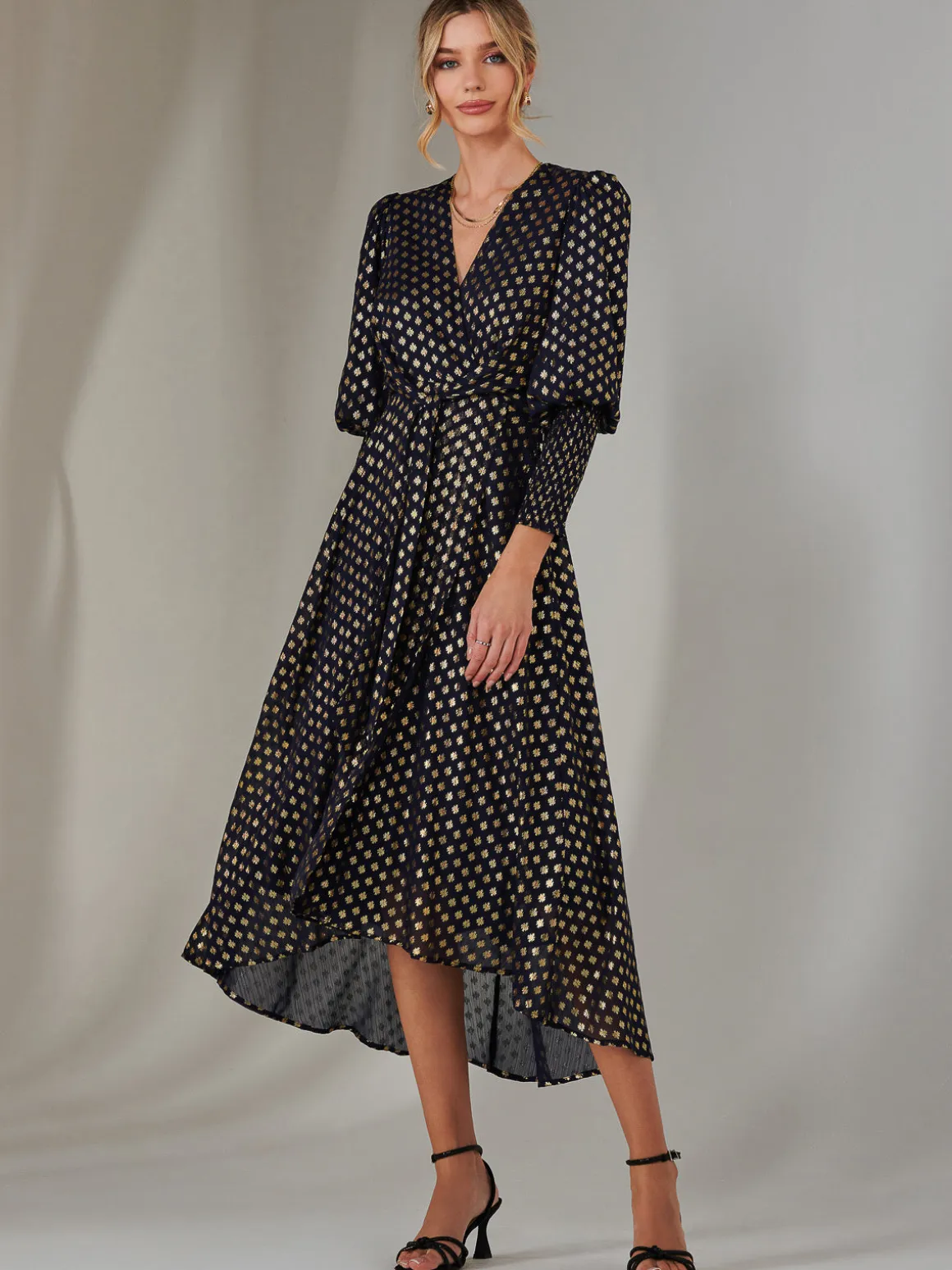 Metallic Spot Print Puffy Sleeve Maxi Dress, Navy