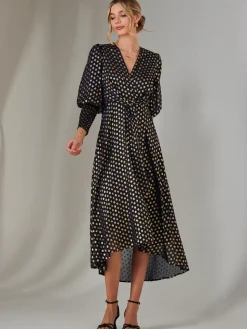 Metallic Spot Print Puffy Sleeve Maxi Dress, Navy