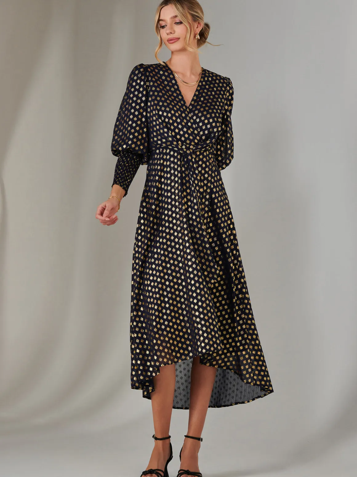 Metallic Spot Print Puffy Sleeve Maxi Dress, Navy