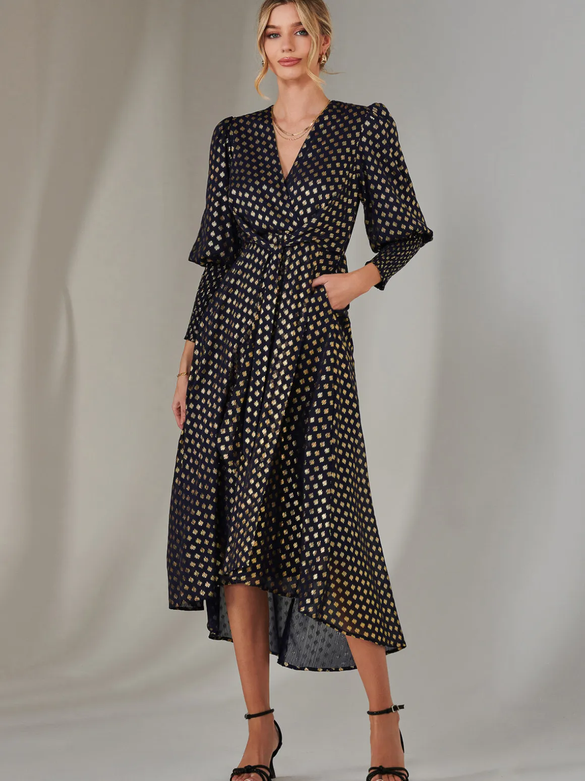 Metallic Spot Print Puffy Sleeve Maxi Dress, Navy