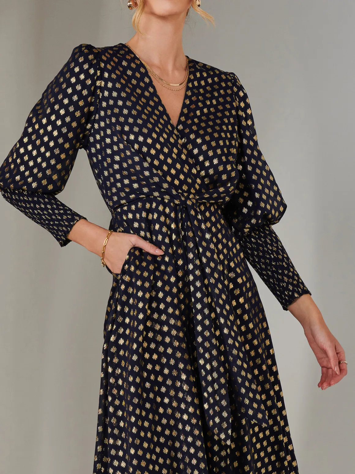 Metallic Spot Print Puffy Sleeve Maxi Dress, Navy