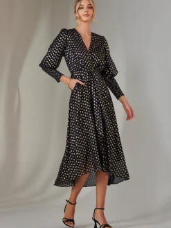 Metallic Spot Print Puffy Sleeve Maxi Dress, Navy