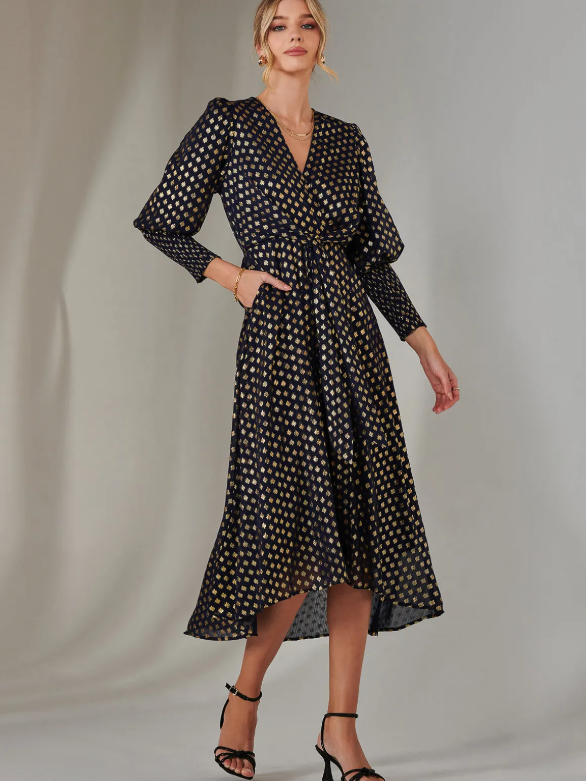 Metallic Spot Print Puffy Sleeve Maxi Dress, Navy
