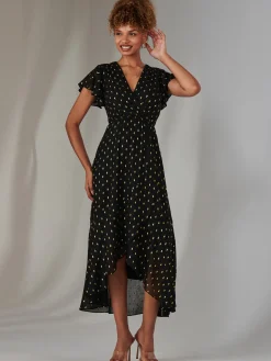 Metallic Spot Textured Chiffon Maxi Dress, Black