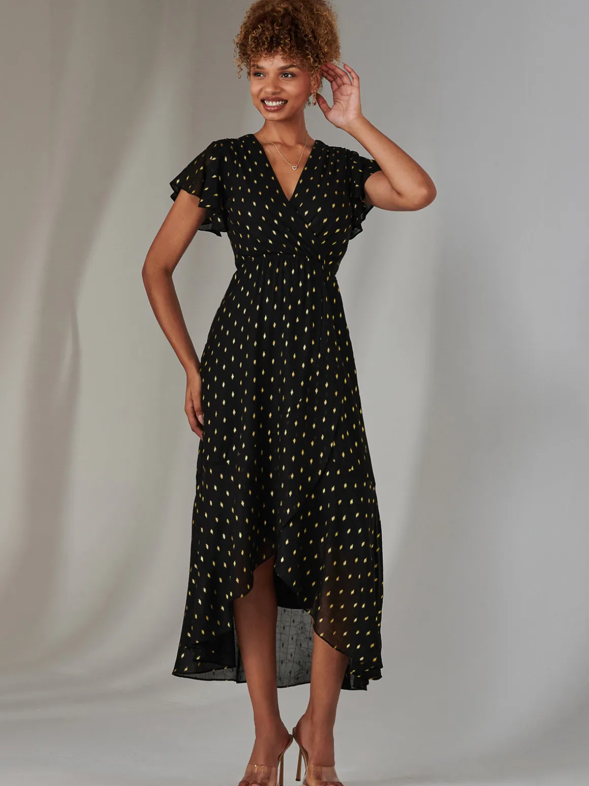 Metallic Spot Textured Chiffon Maxi Dress, Black