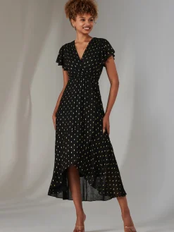 Metallic Spot Textured Chiffon Maxi Dress, Black