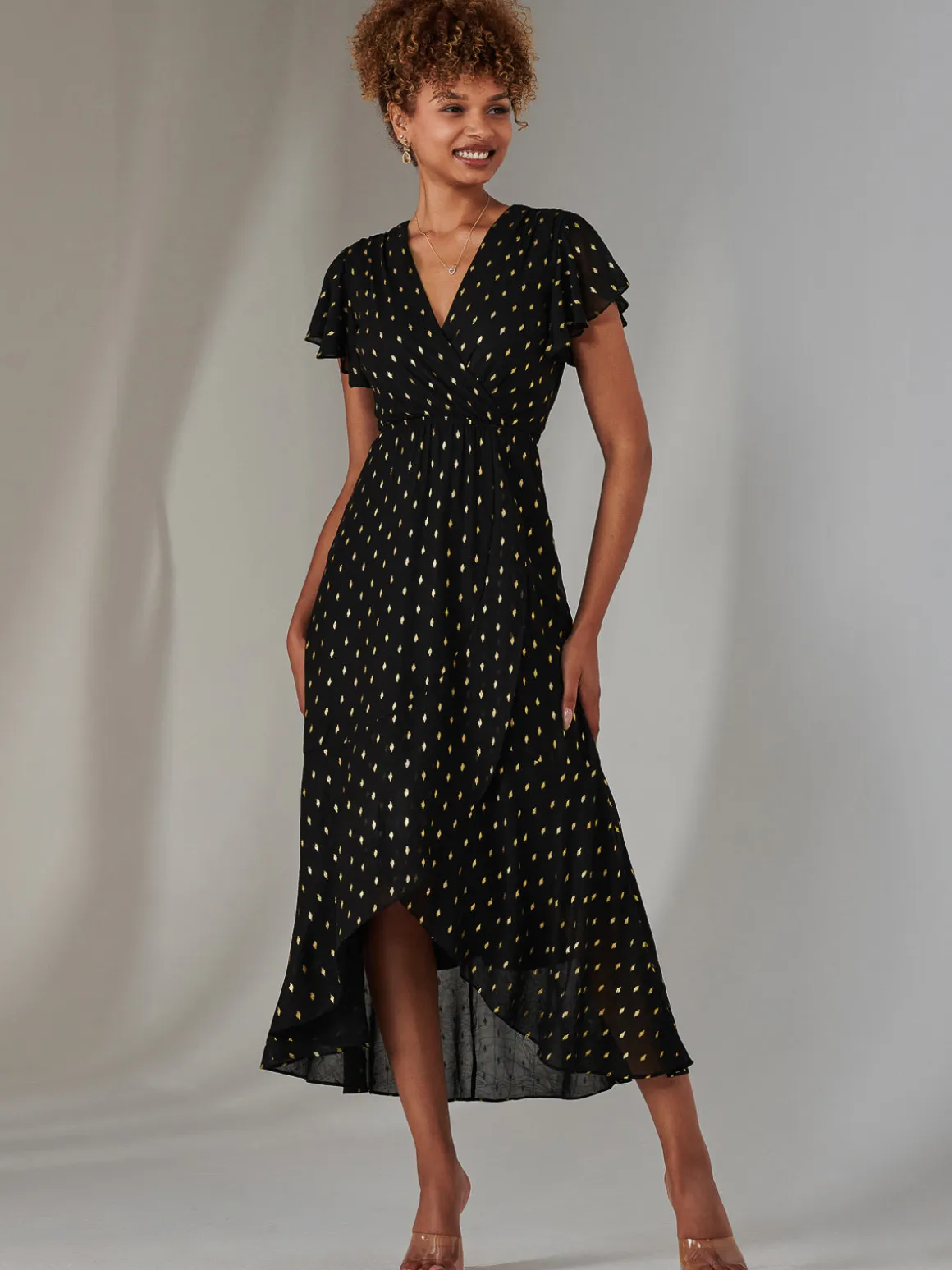 Metallic Spot Textured Chiffon Maxi Dress, Black
