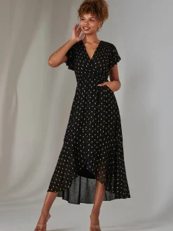 Metallic Spot Textured Chiffon Maxi Dress, Black