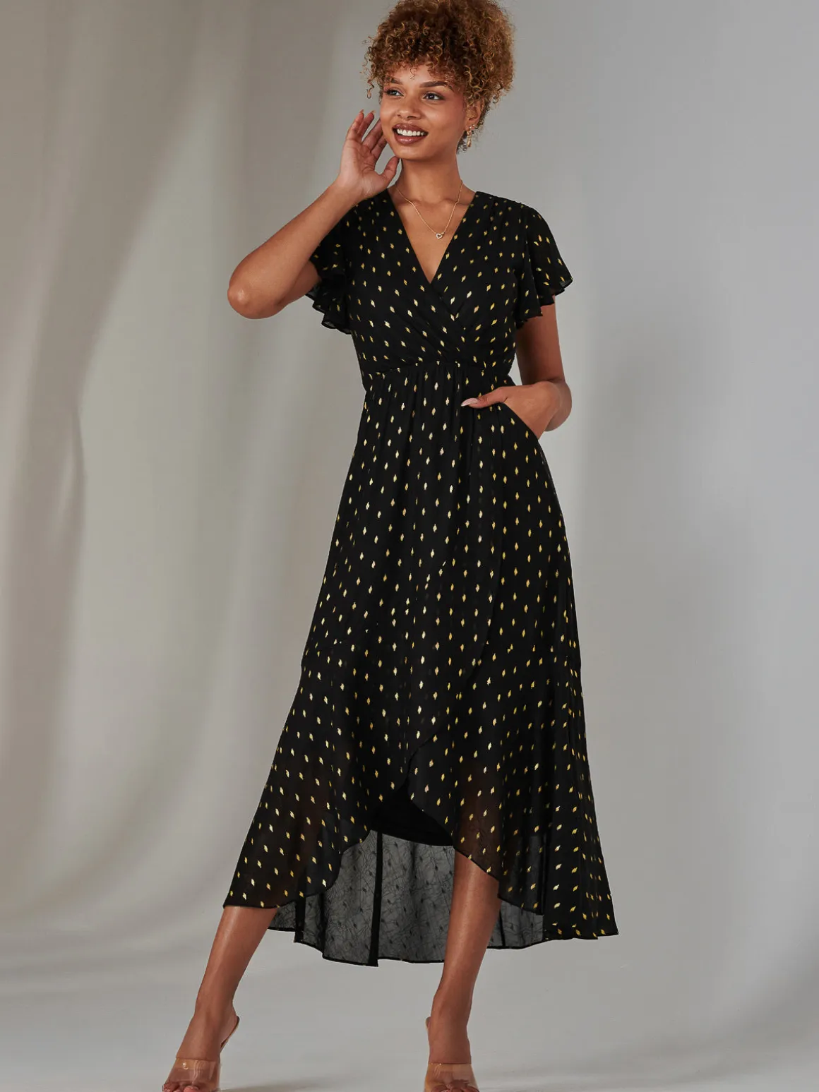 Metallic Spot Textured Chiffon Maxi Dress, Black