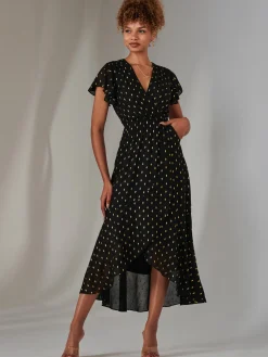 Metallic Spot Textured Chiffon Maxi Dress, Black