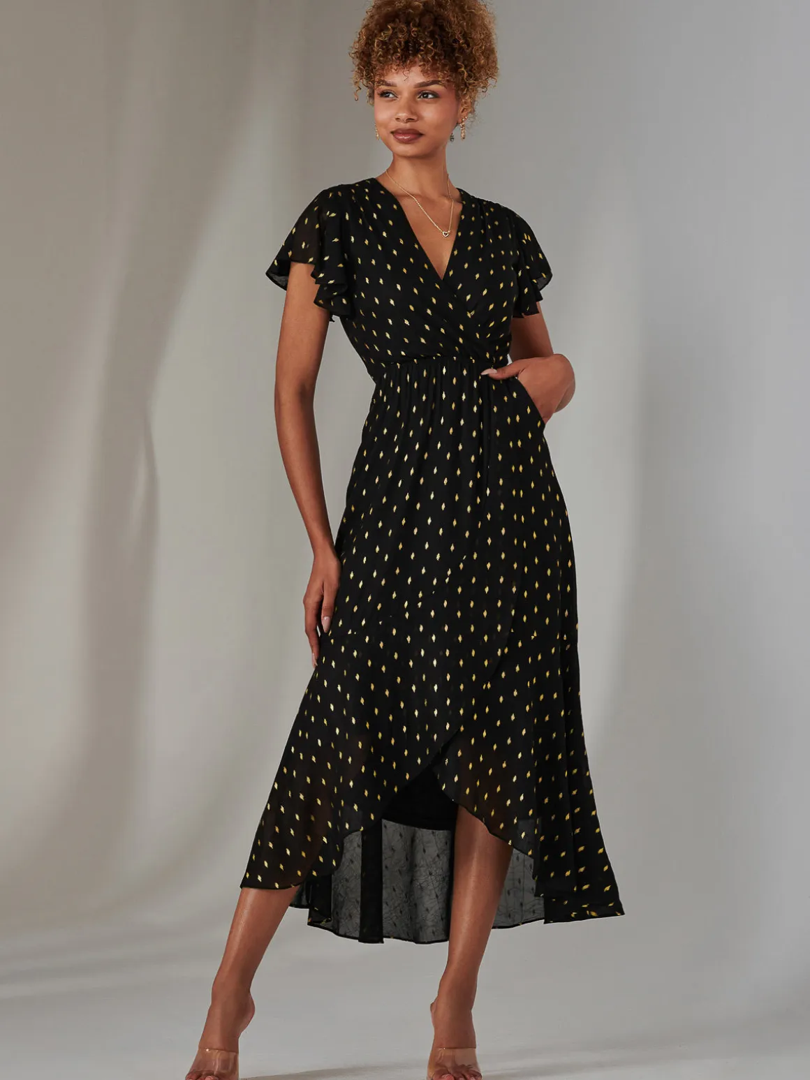 Metallic Spot Textured Chiffon Maxi Dress, Black