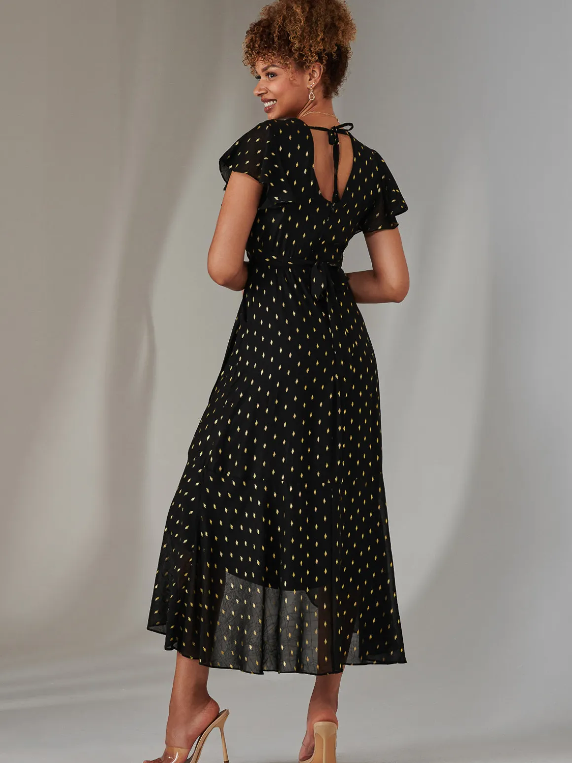 Metallic Spot Textured Chiffon Maxi Dress, Black