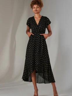 Metallic Spot Textured Chiffon Maxi Dress, Black