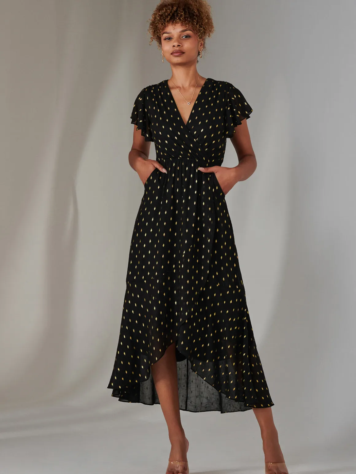 Metallic Spot Textured Chiffon Maxi Dress, Black