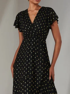 Metallic Spot Textured Chiffon Maxi Dress, Black