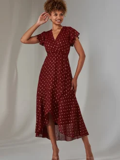 Metallic Spot Textured Chiffon Maxi Dress, Burgundy