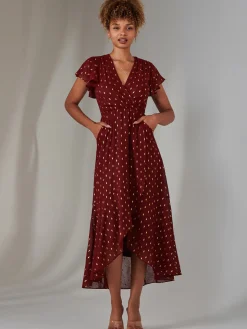 Metallic Spot Textured Chiffon Maxi Dress, Burgundy