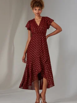 Metallic Spot Textured Chiffon Maxi Dress, Burgundy