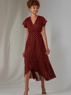 Metallic Spot Textured Chiffon Maxi Dress, Burgundy